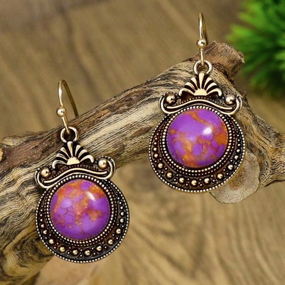 GlitzBlitz Boutique Jewelry - Any 2/$20! GOLD Purple Marble Boho Glam Drop Earrings